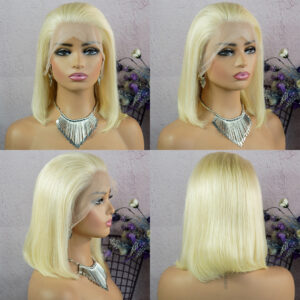 Sleek platinum blonde bob wig with a silky straight finish, natural lace front, and elegant shoulder-length style perfect for a classy look.